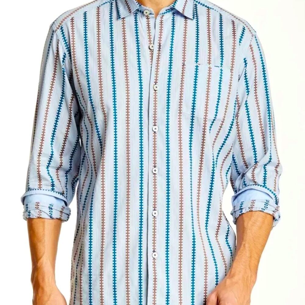 Tommy Bahama Mens Button Down Shirt Brown Blue Striped Long Sleeve Casual XXL
